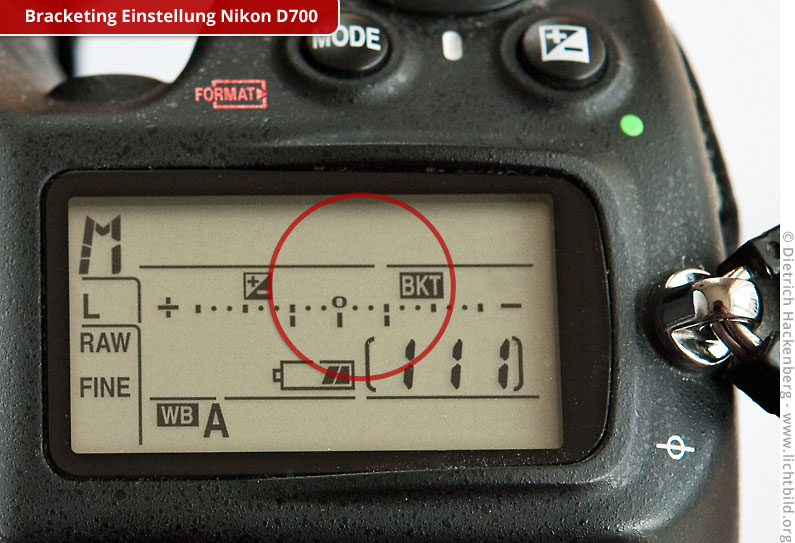 1. Die Bracketing Einstellung (BKT) in drei Belichtungsstufen an der Nikon D700 – hier eine Verdopplung und eine Halbierung der Zeit. Foto © Dietrich Hackenberg
